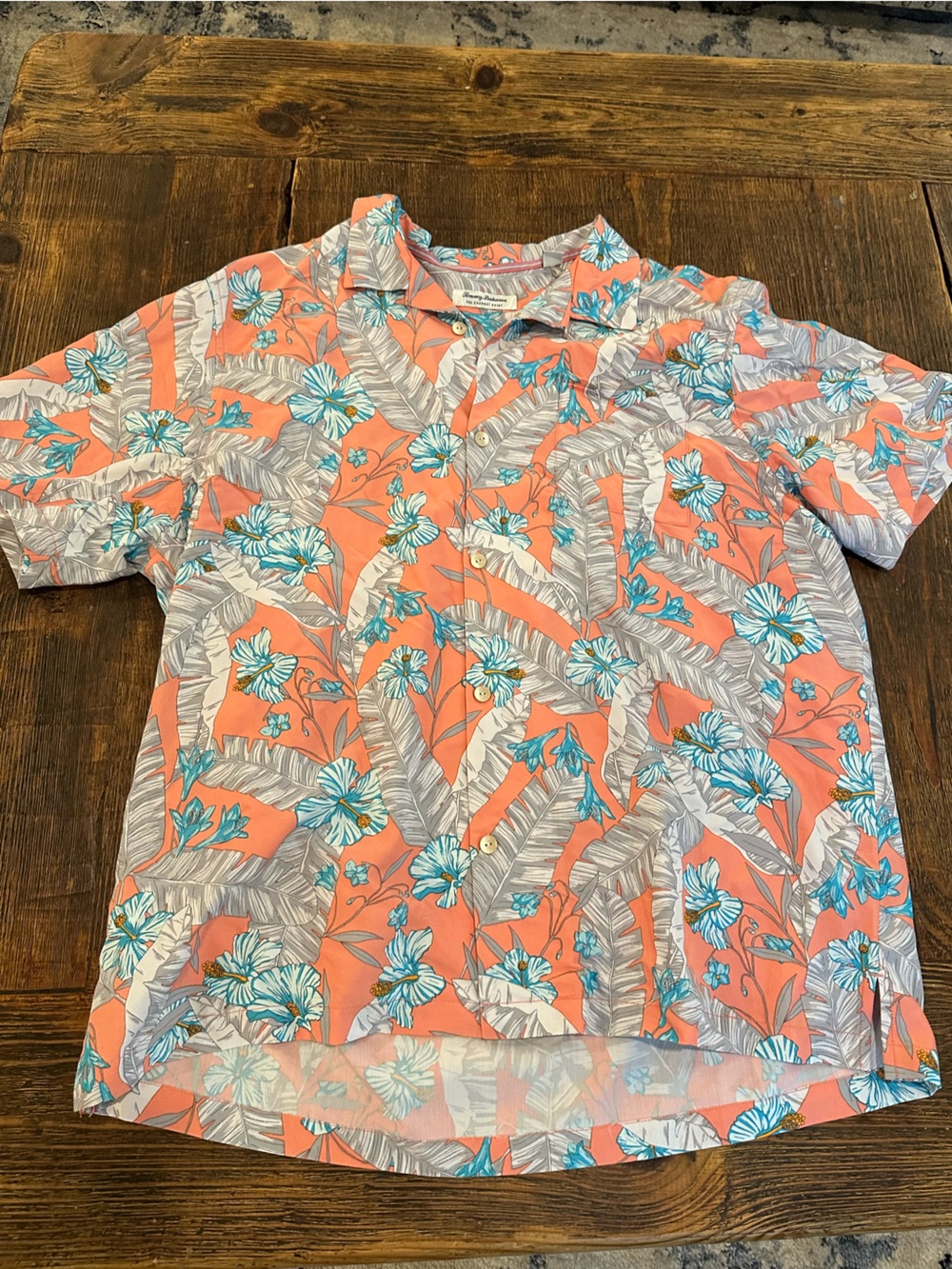 Tommy Bahama Coral and Teal Tropical Floral Camp Shirt